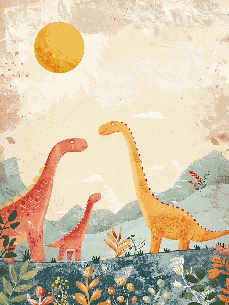 Dinosaurierfamilie mit Sonne Aquarell