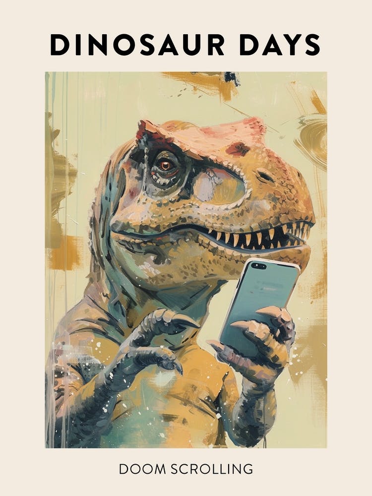 Dinosaur Doom Scrolling On A Phone Poster 4