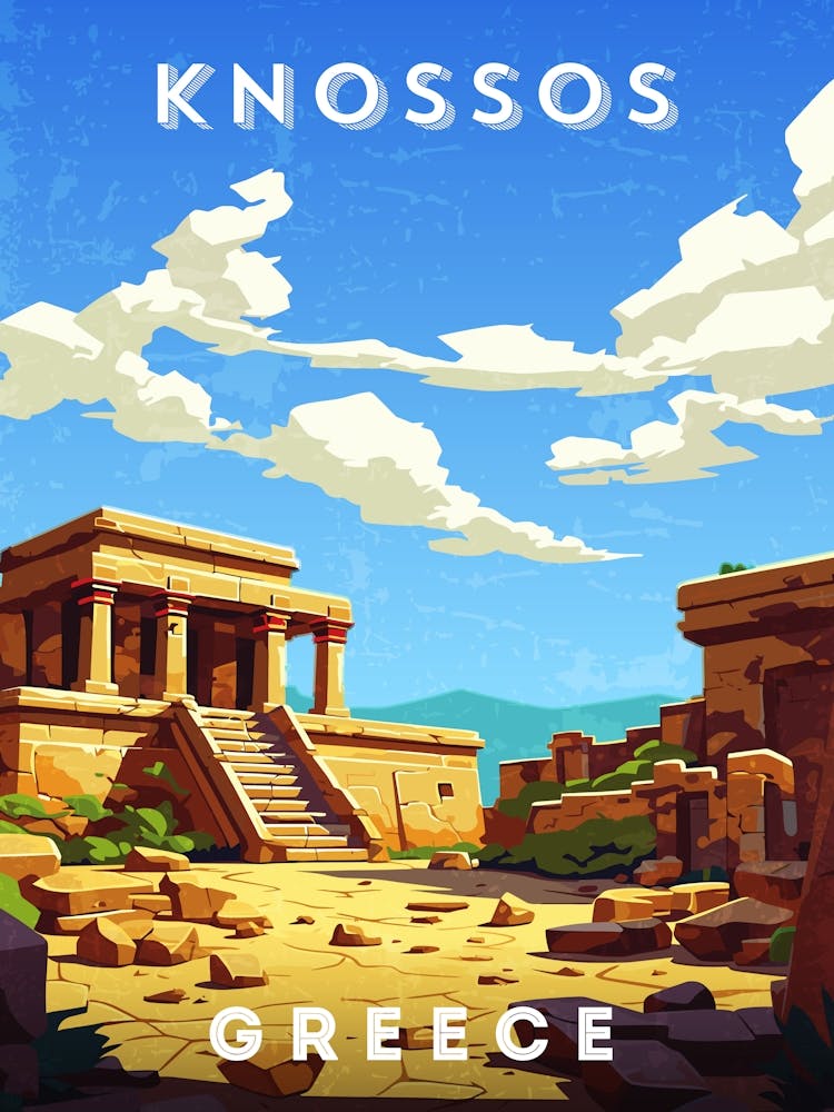 Greece, Knossos — Retro travel minimalist poster, retro travel art, retro travel wall art, vector art