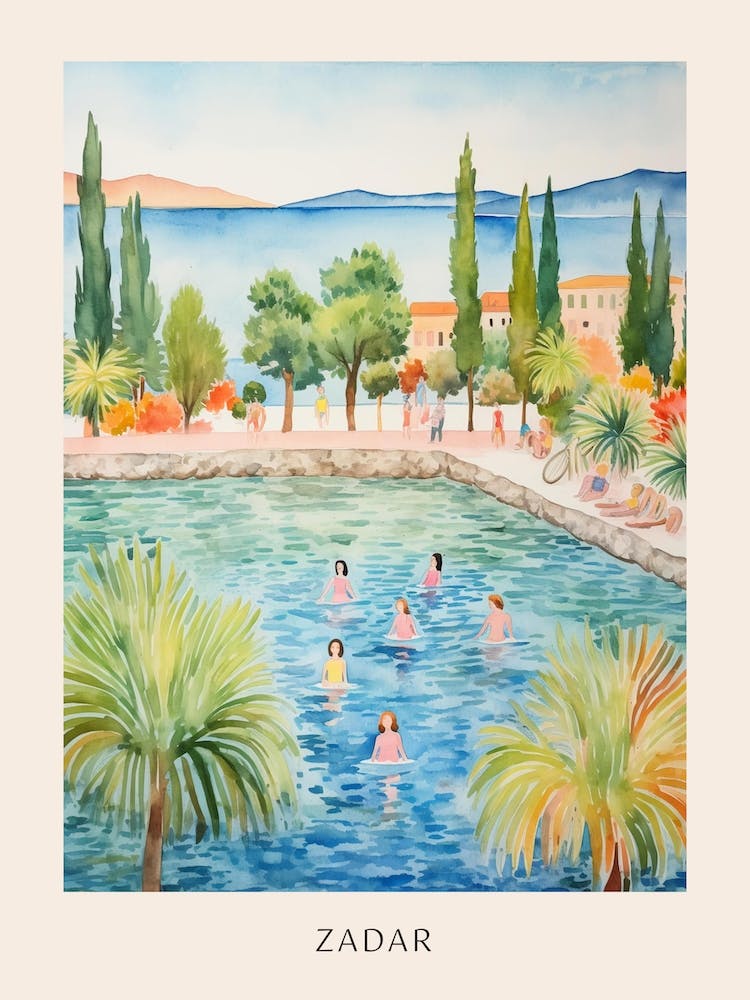 Swimming In Zadar Croatia Watercolour Poster
