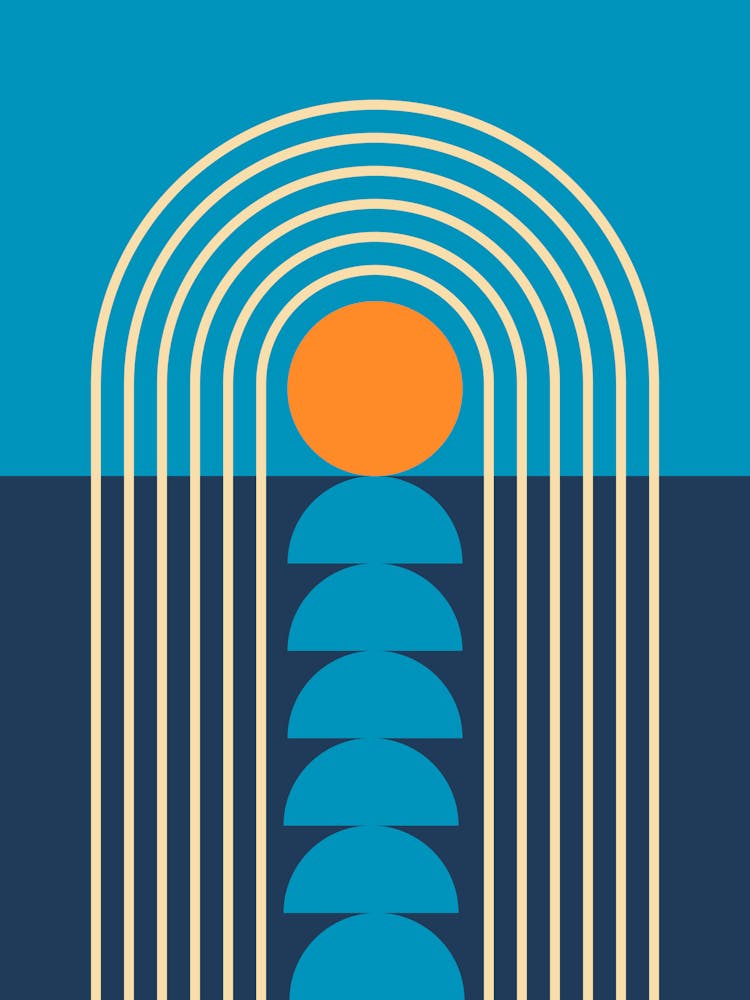 Sunrise Sunset Midcentury Modern Geometric Abstract 9 In Navy Blue Burnt Orange 01