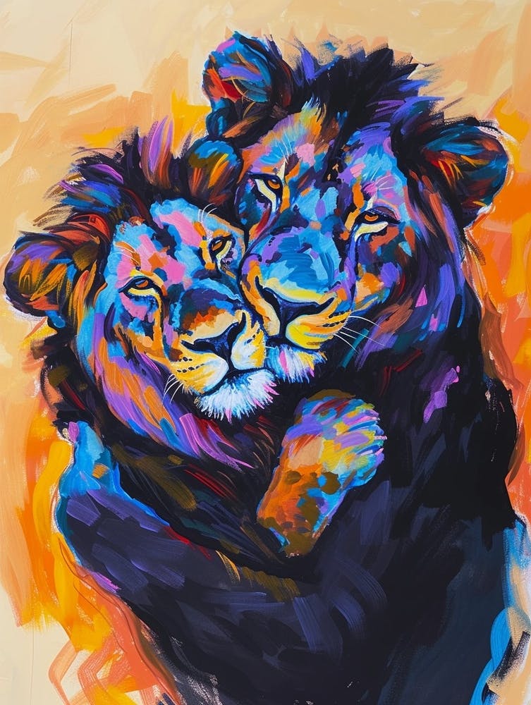 Black Lion Family Bonding Fauvist Painting 2