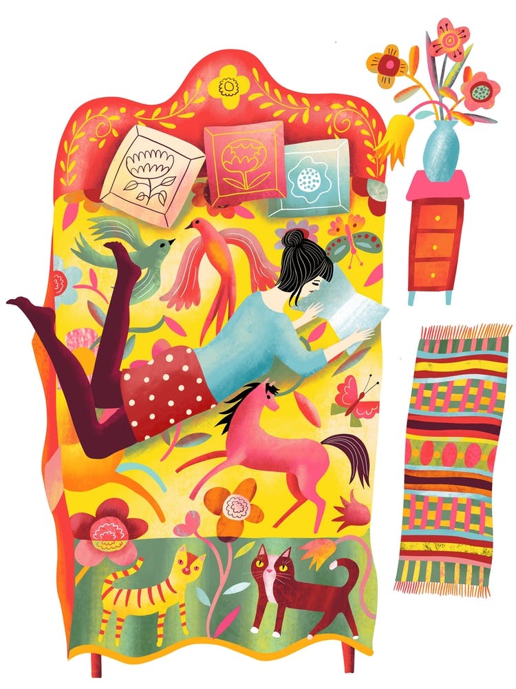 Girl Reading On Quilt Bed