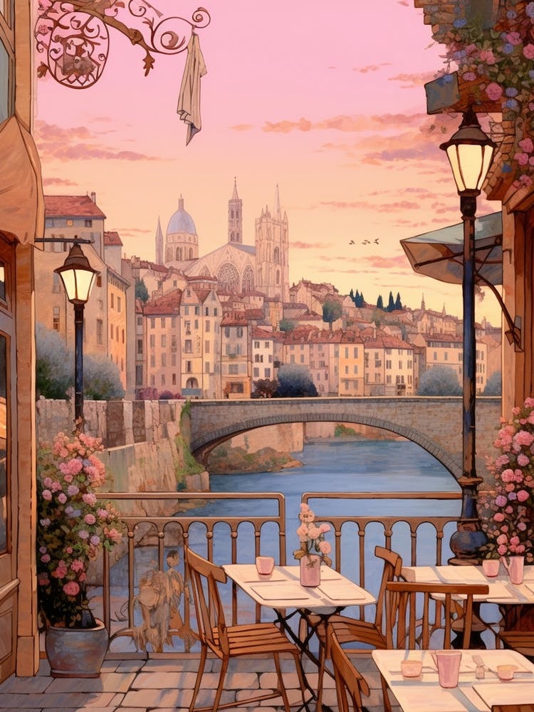 Nice France 2 Vintage Pink Travel Illustration