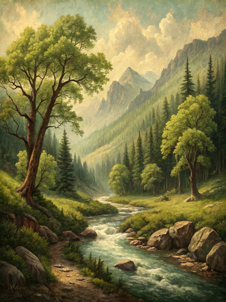 Oil Painting Style Wooded Valley With Flowing