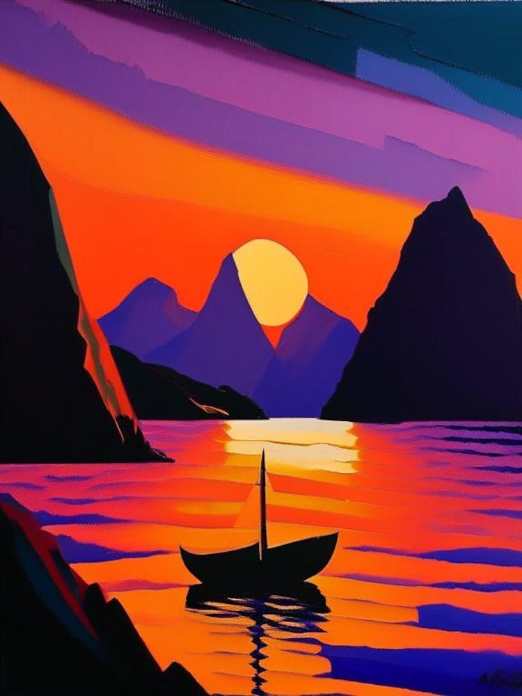 Boat And Mountain Sunset