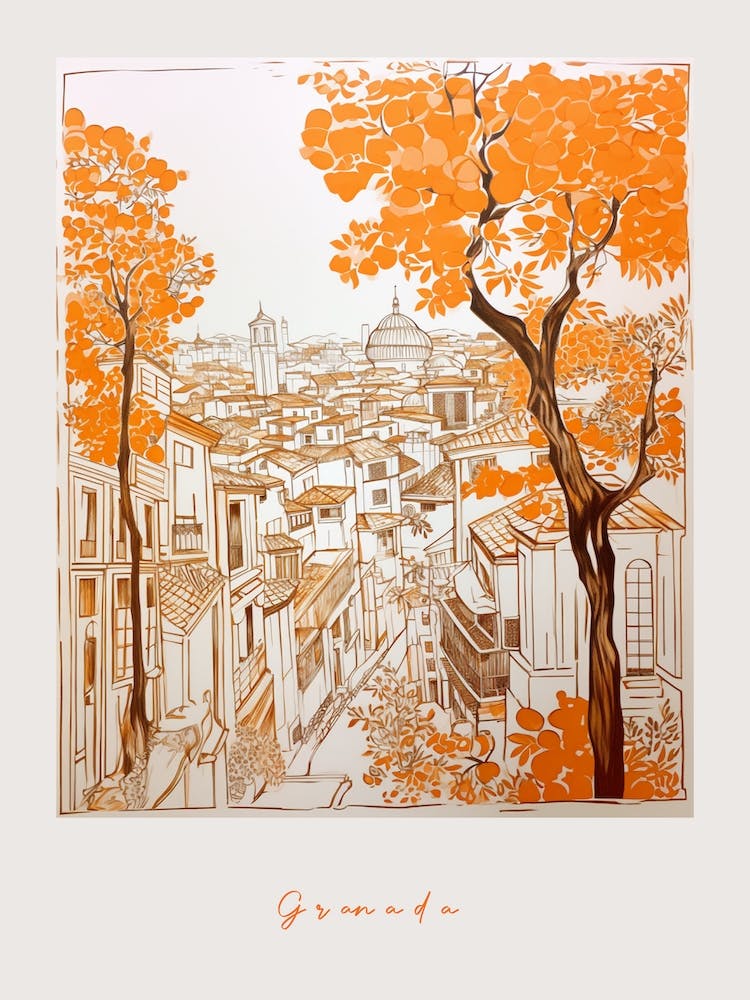 Granada Spain Orange Drawing Poster