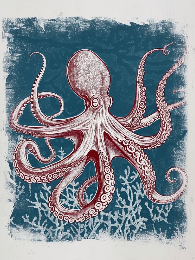 Detailed Octopus On The Ocean Floor Linocut Inspired 4