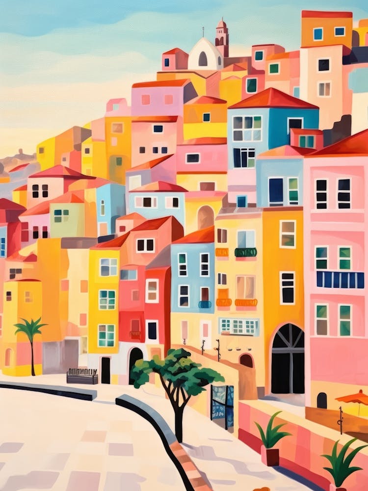 Colorful Houses On A Hillside. Gouache Landscape. Vintage Travel