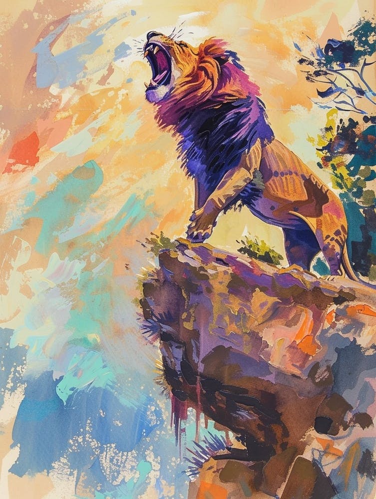 Southwest African Lion Roaring On A Cliff Fauvist Painting 4