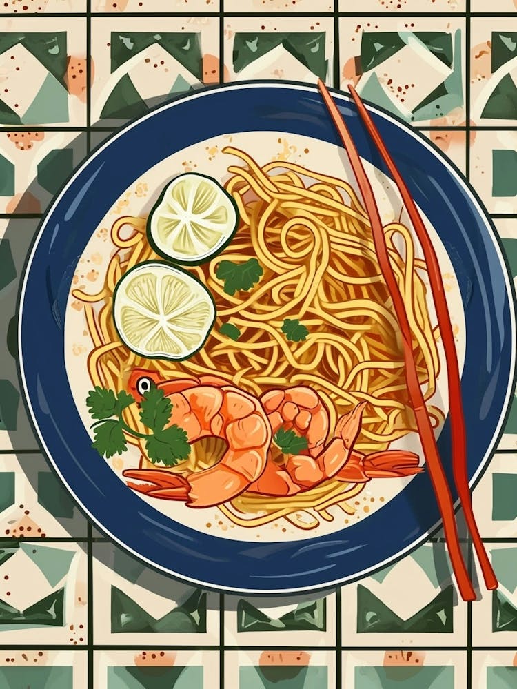 Seafood Pad Thai On A Tiled Background 1