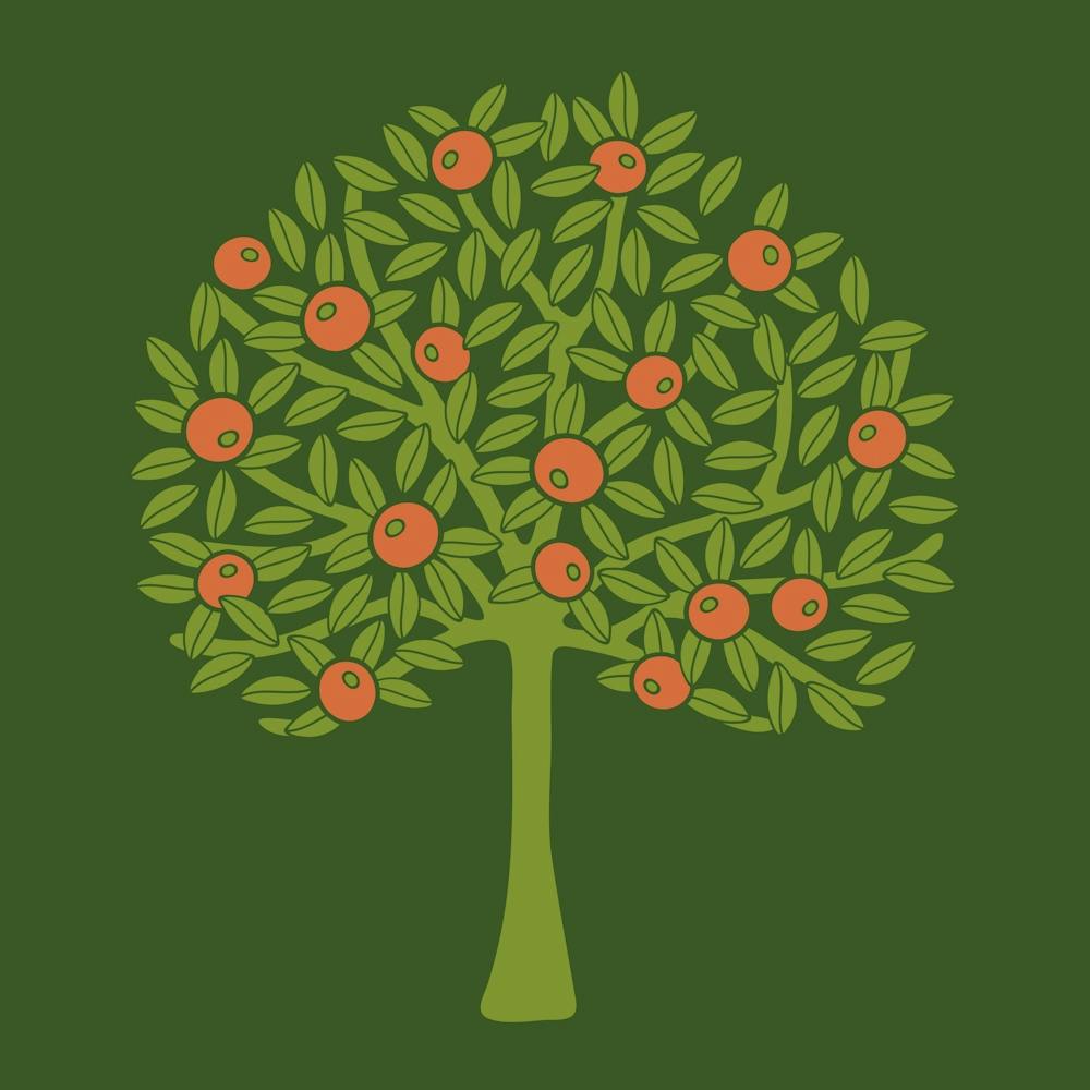 ORANGERIE Tropical Citrus Fruit Tree Botanical in Vintage 1970s Avocado Green and Burnt Orange on Olive Green