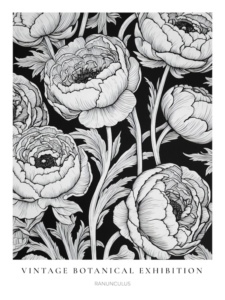 Ranunculus B&W Vintage Botanical Poster