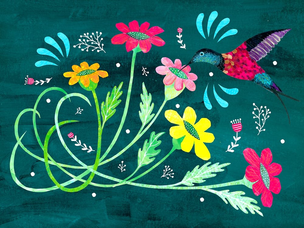 Hummingbird And Flowers