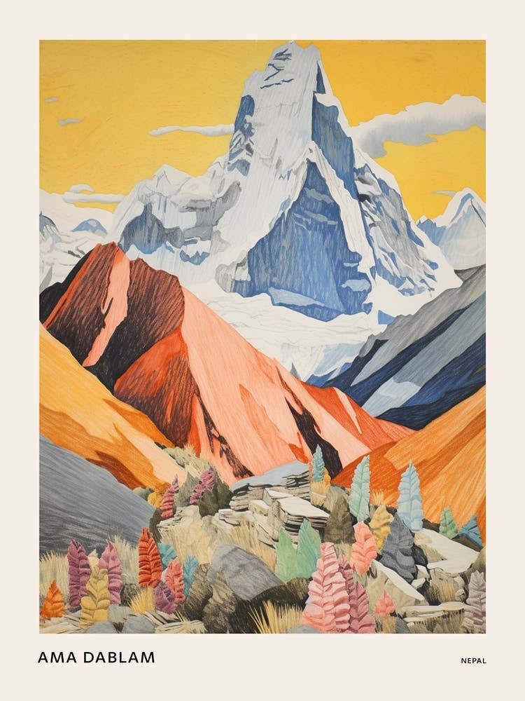 Ama Dablam Nepal 3 Colourful Mountain Illustration Poster