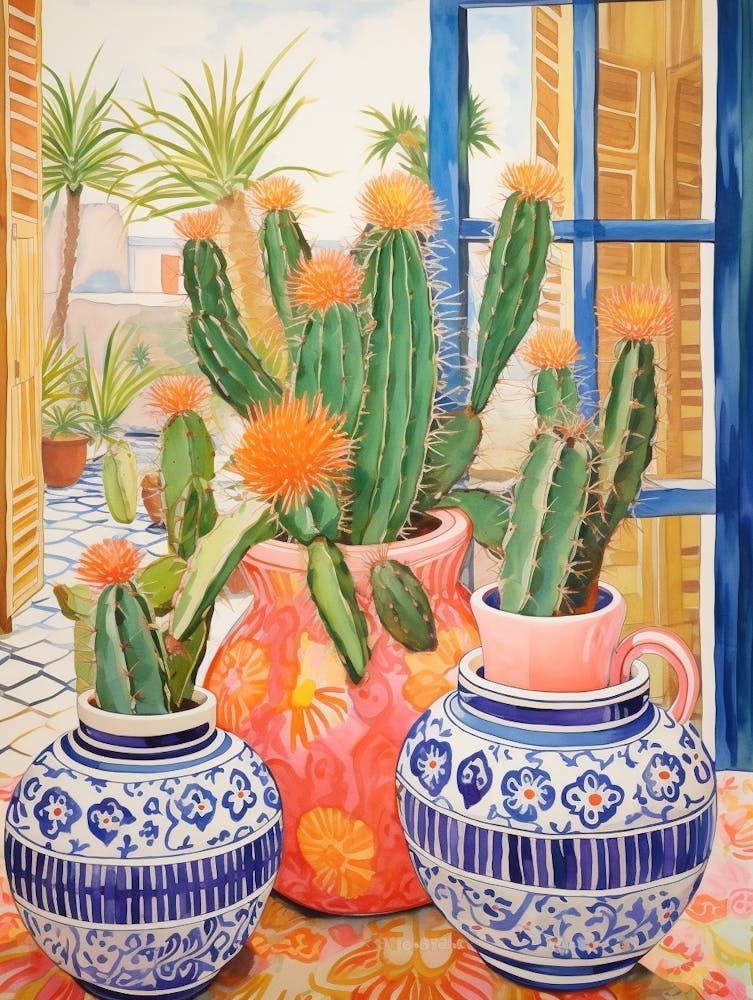 Cactus Painting Maximalist Still Life Golden Barrel Cactus 4