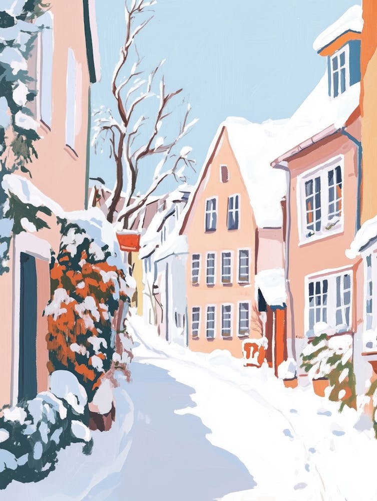 Winter Day in Town Gouache Painting