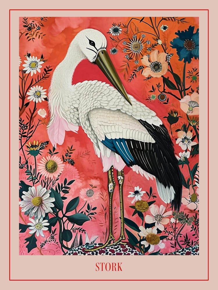 Floral Animal Painting Stork 3 Poster