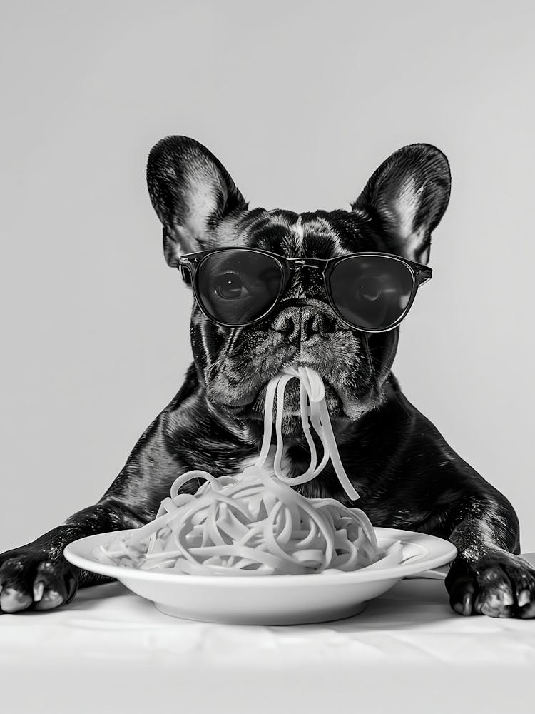 Frenchie Eating Pasta Wall Art, Spaghetti Print, Black And White Print, French Bulldog, Dog Gift, Funny Dog Poster, Kitchen Wall Decor