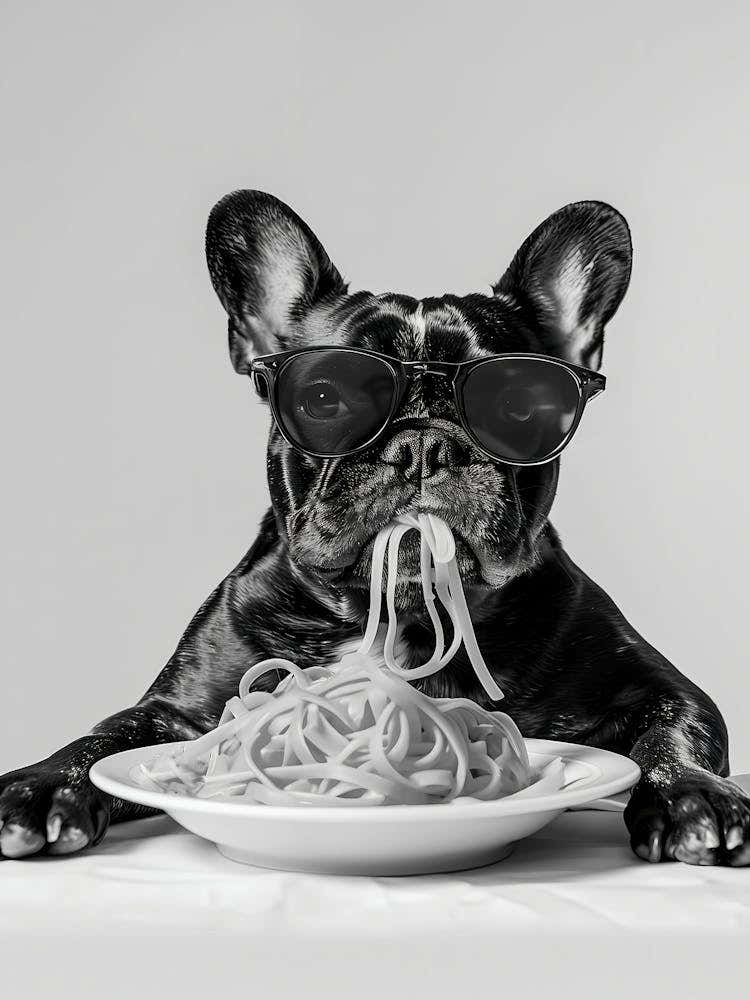 Frenchie Eating Pasta Wall Art, Spaghetti Print, Black And White Print, French Bulldog, Dog Gift, Funny Dog Poster, Kitchen Wall Decor