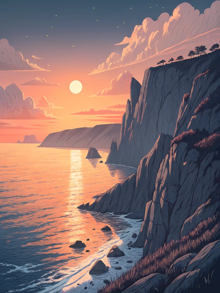 Sunset Over Rocky Cliffs By The Sea Minimalist T 2