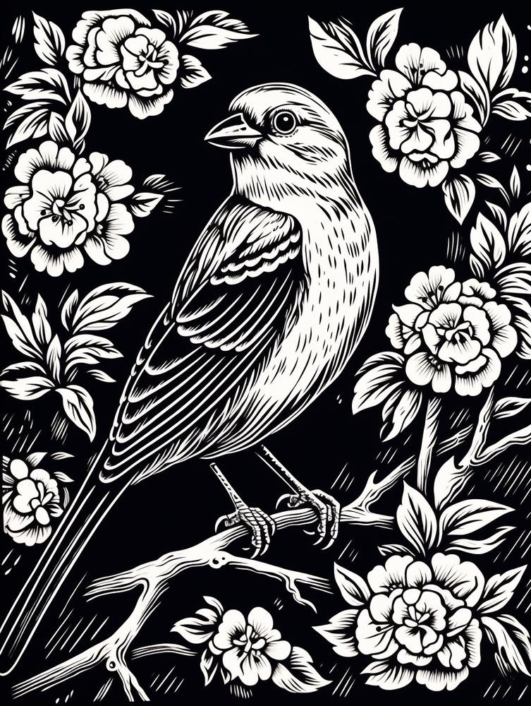 B&W Bird Linocut American Goldfinch 4