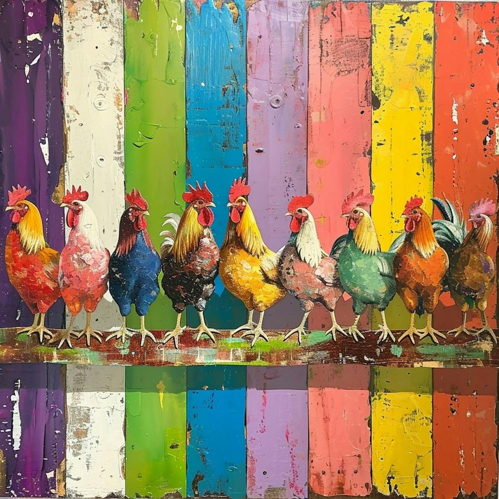 Rainbow Retro Chickens On The Fence 1