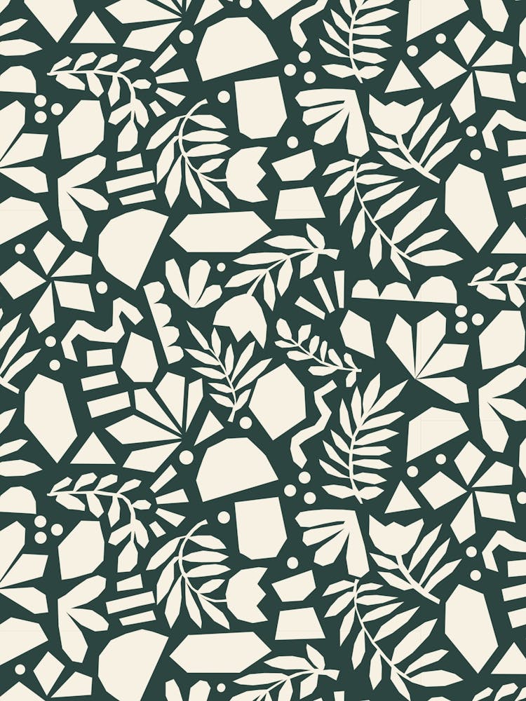 Paper Cut Out Collage Florals Abstract Flowers White on Dark Green
