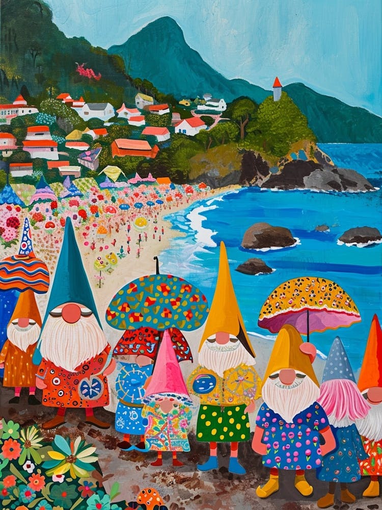 Kitsch Folk Painting Of Gnomes On The Beach 1