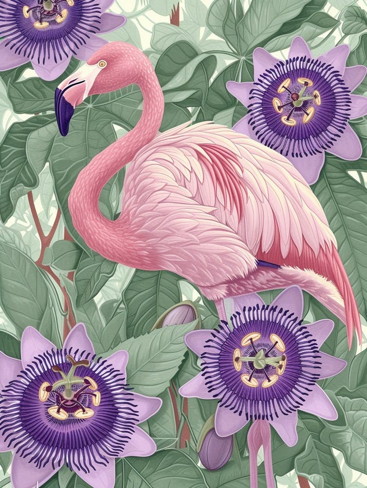 Andean Flamingo And Passionflowers Minimalist Illustration 3