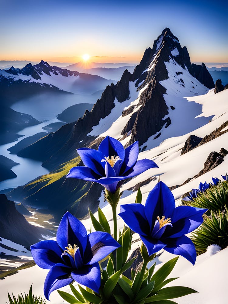 Flowers Nature Blue Petals Sunrise Snow Mountains Landscape