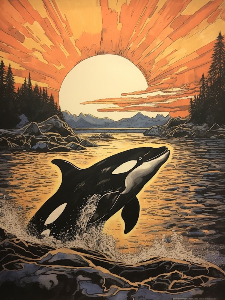 Tuschezeichnung eines Orca-Wals mit Sonnenuntergang
