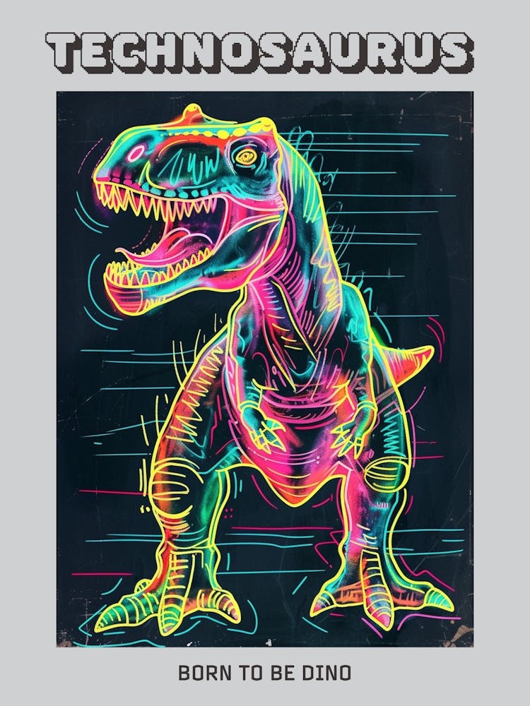 Dinosaur Neon Line Scribble Poster