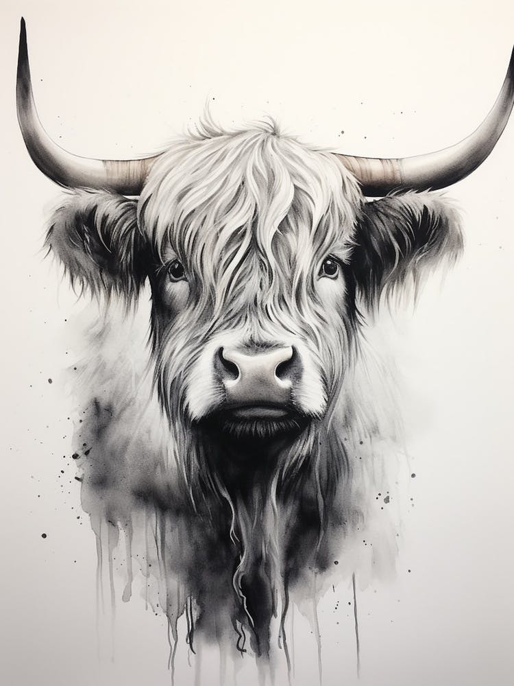 Black & White Watercolour Illustration Of Highland Cow 1