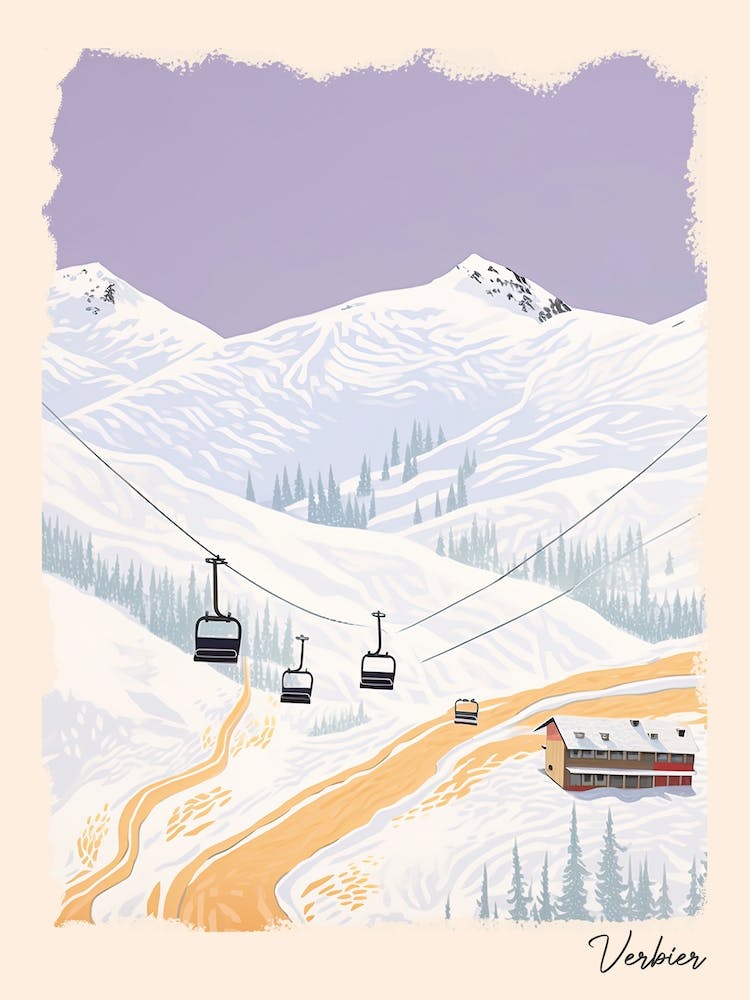 Poster Of Verbier   Switzerland, Ski Resort Pastel Colours Illustration 2