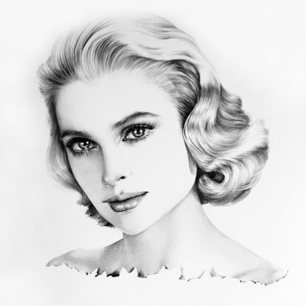 Grace Kelly Pencil Portrait Black and White Vintage 1950s