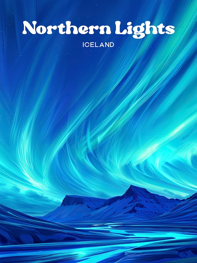 Northern Lights Iceland Aurora Borealis Travel Art Illustration
