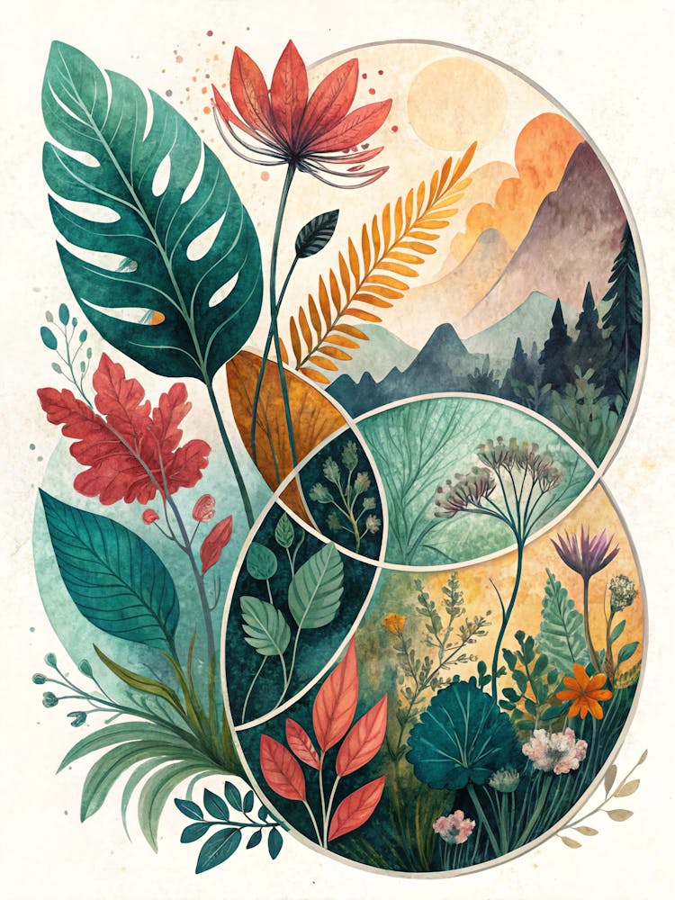 Oil Painting Style Abstract Botanicals In Overlapp