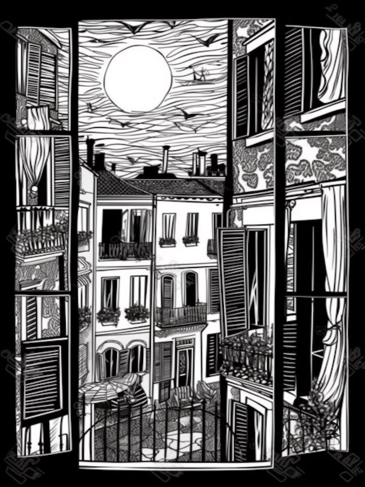 A Window View Of Venice In The Style Of Black And White  Line Art 4