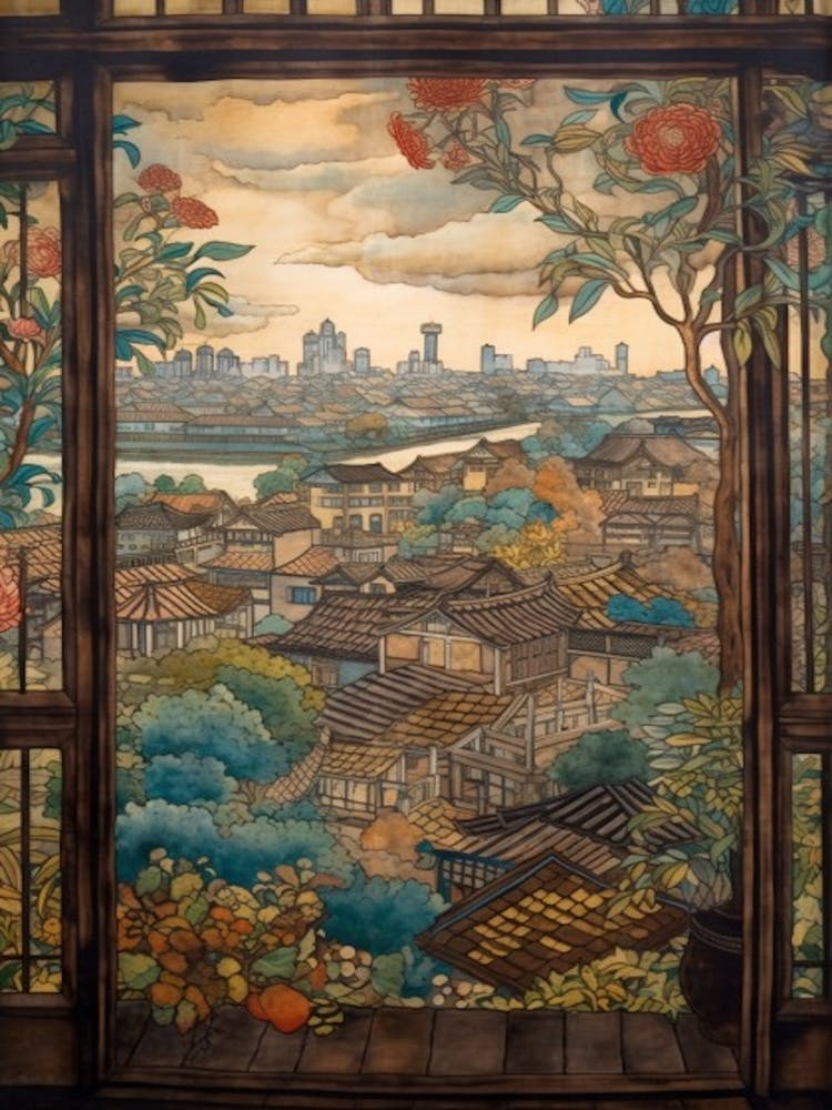 A Window View Of Tokyo In The Style Of Art Nouveau 3