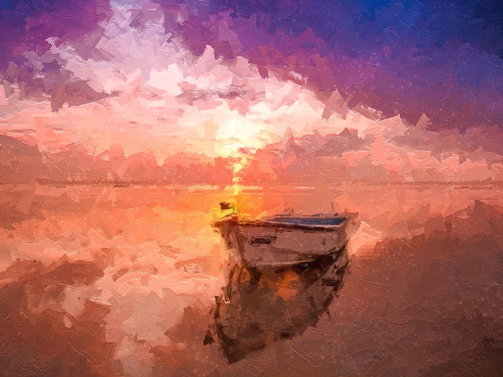 Lonely Boat In The River At Sunset Oil Painting Landscape