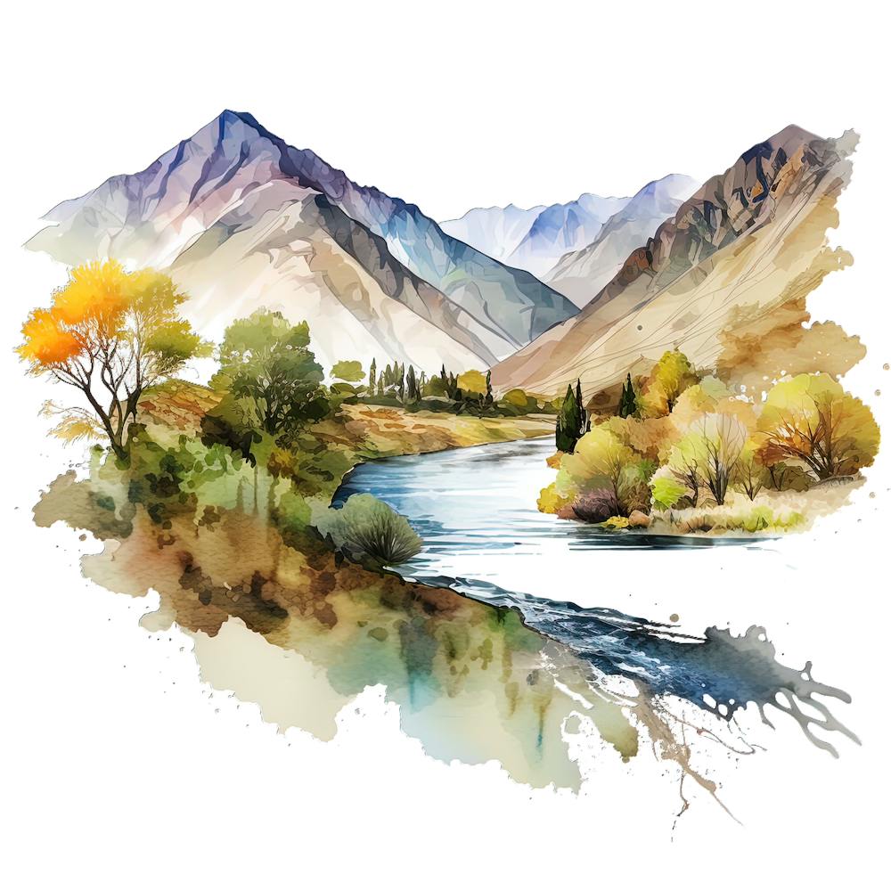 Watercolor Of Mountains And River 1