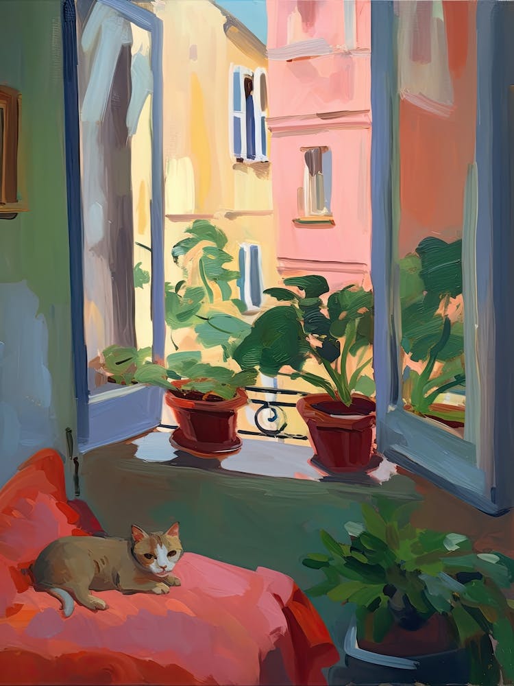 Offenes Fenster Mit Katze Matisse Stil Rome Italy 3