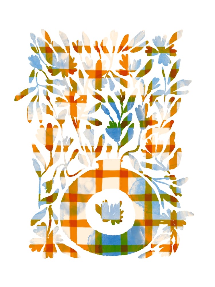 Dyed blue and orange checks in a Vase
