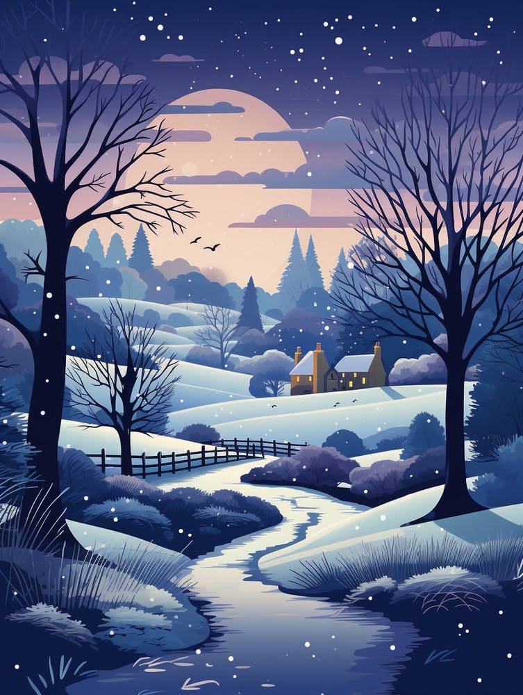 Winter Travel Night Illustration Cotswolds United Kingdom 2