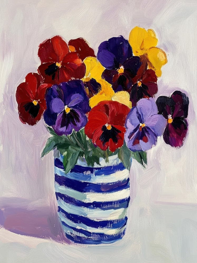 Pansies In A Blue Striped Vase