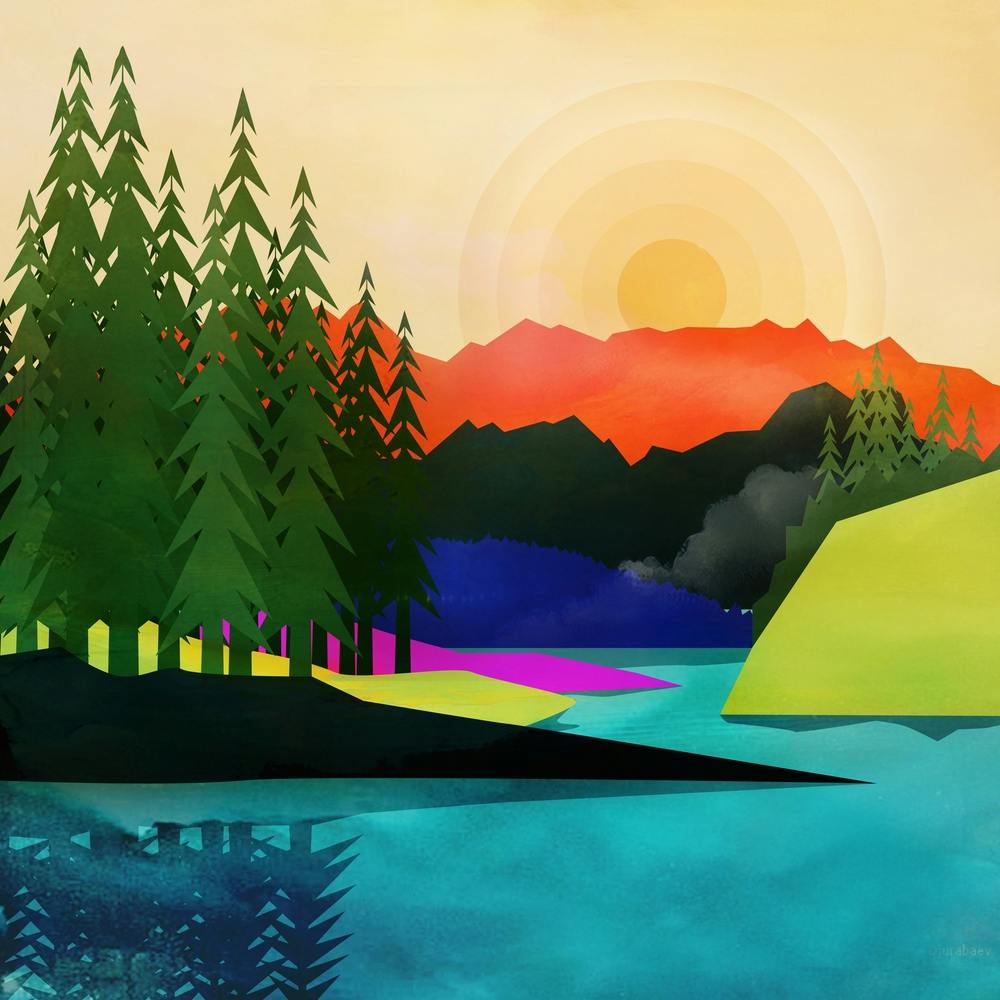 Setting Sun near the Peaceful River