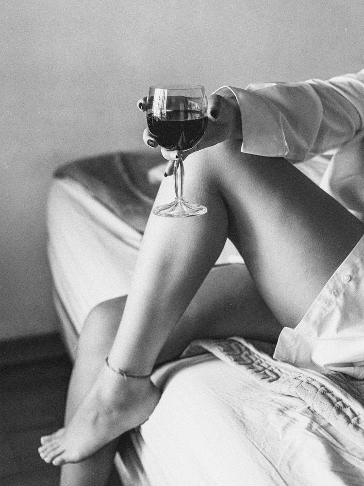 Drinking Wine in Bed - Vintage Film Photography - Black White Photo Wall