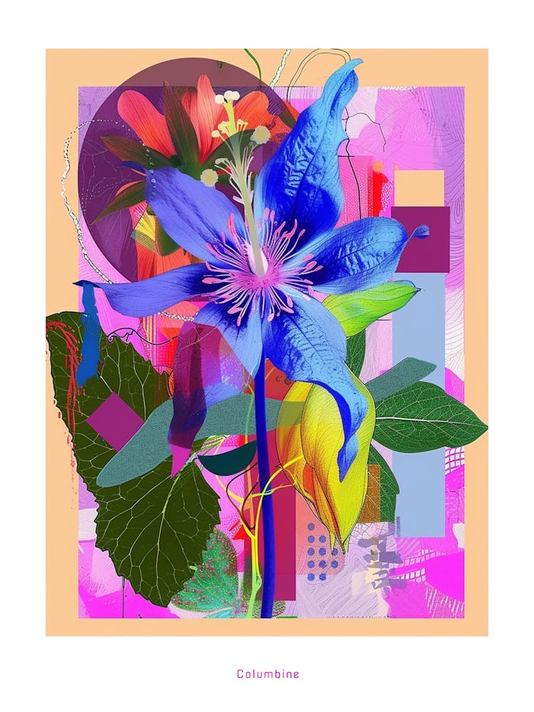 Columbine 4 Neon Flower Collage Poster