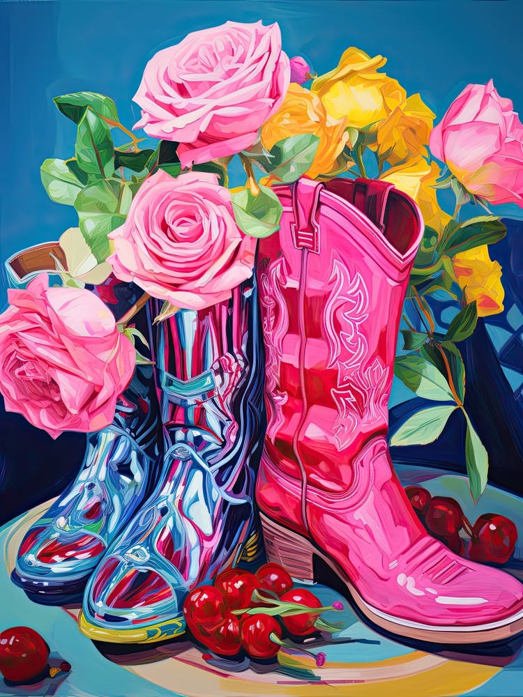Oil Painting Of Roses Flowers And Cowboy Boots, Oil Style 2